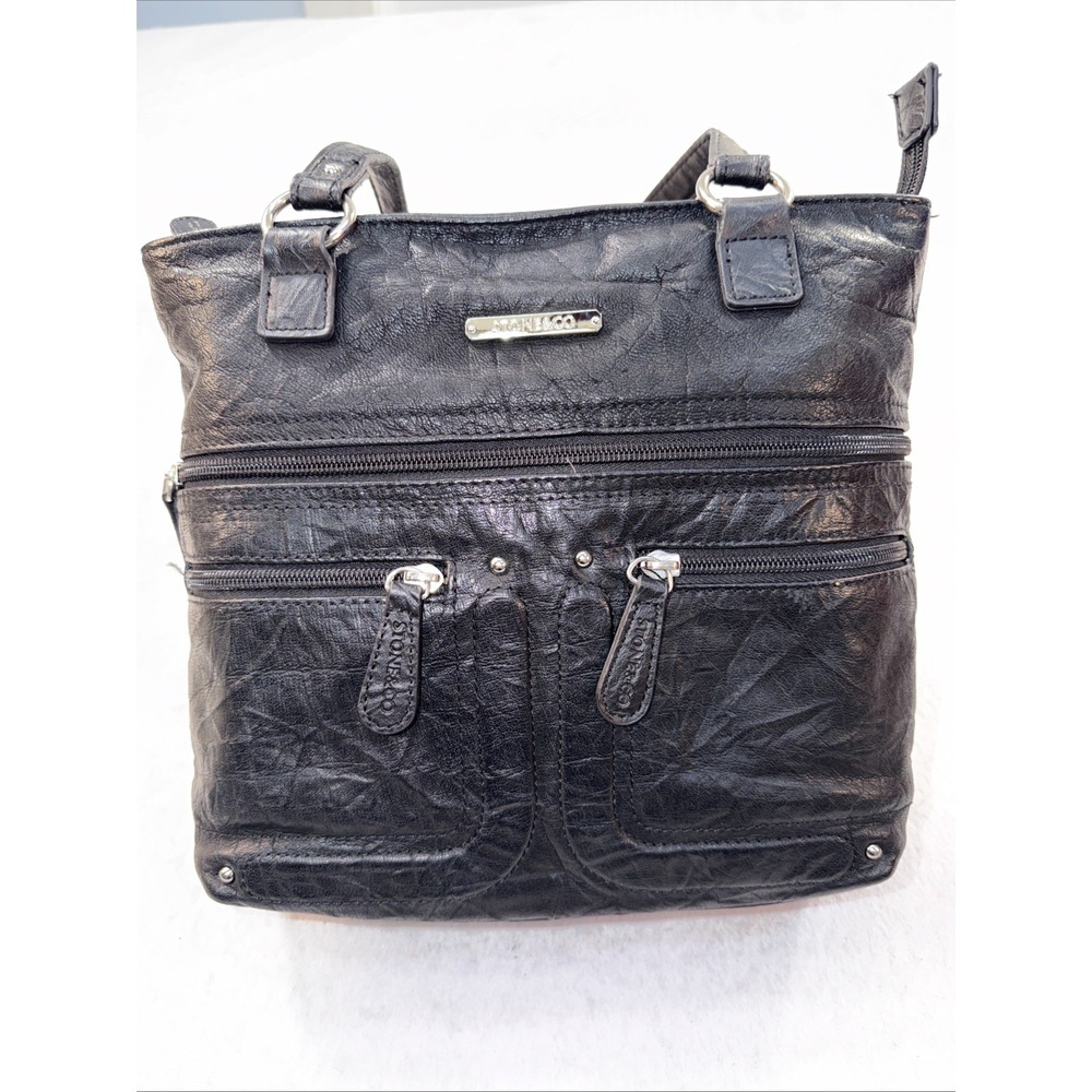STONE & CO. BLACK ZIPPERED, SHOULDER BAG, DOUBLE HANDLES, 11" DROP